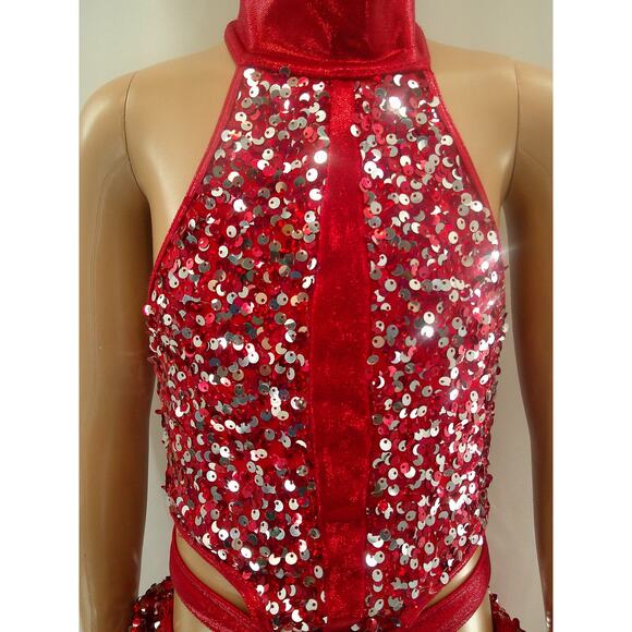 Dance Costume Medium Child Red Reverence Jazz Tap Clogging Ruffles Sequin Latin - Picture 2 of 7